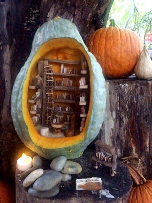 Pumpkin Fairy Garden with Blue Hubbard Squash