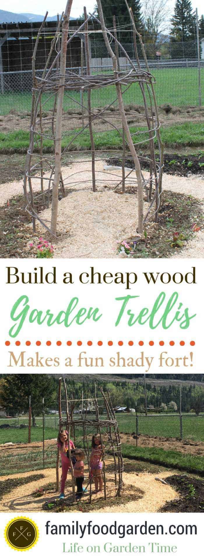 Great vertical garden design! Kids wooden playhouse. Make this cheap garden trellis weaving repurposed wooden branches