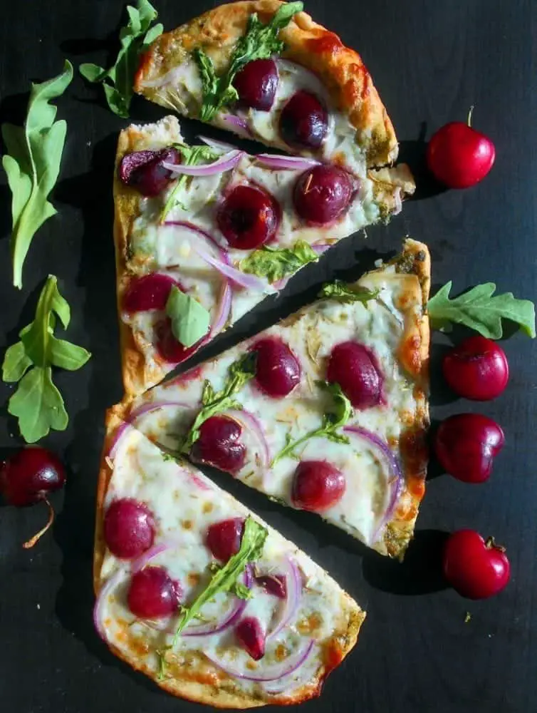 Cherry arugula flatbread pizza