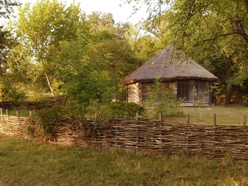 Small log house fenced by low wattle fence